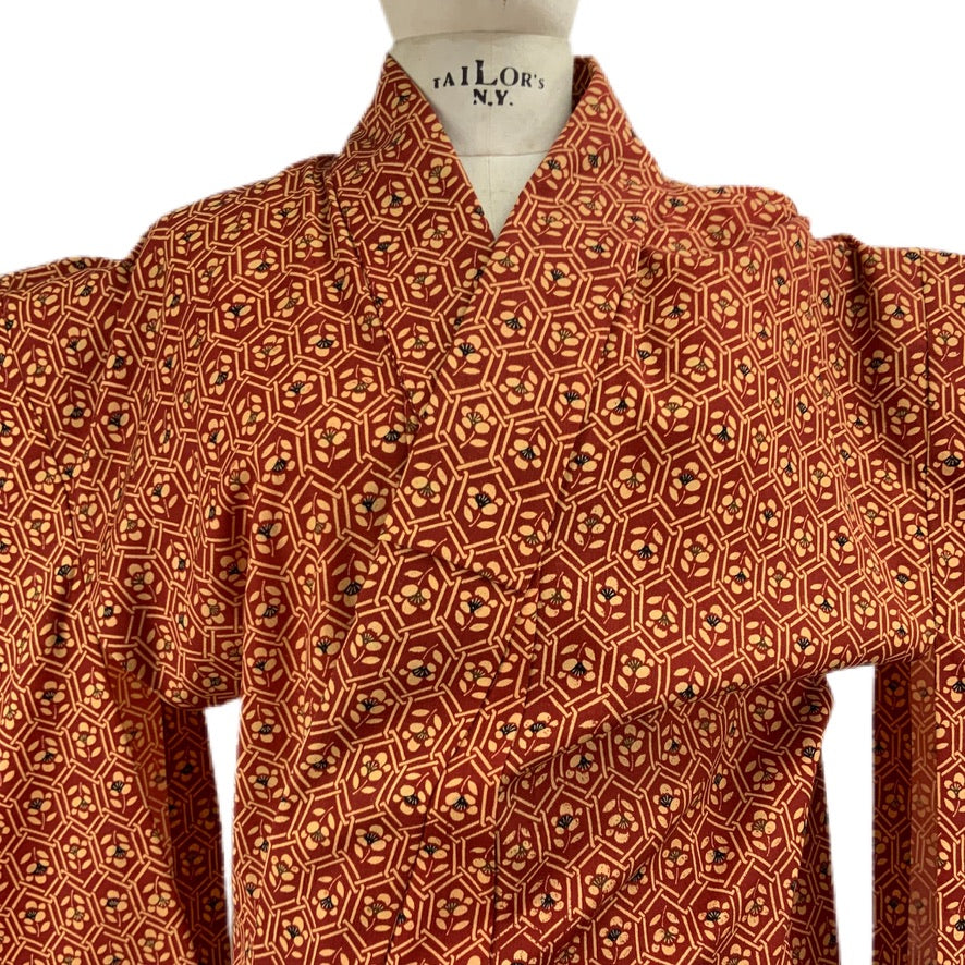 Kimono Originale Giapponese Ruggine con Stampe Floreali 77