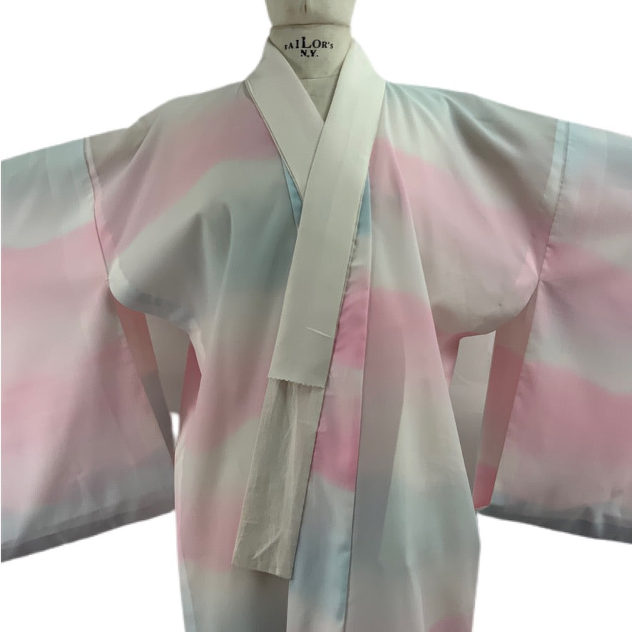 Original japanischer mehrfarbiger Kimono rosa hellblau weiß 58