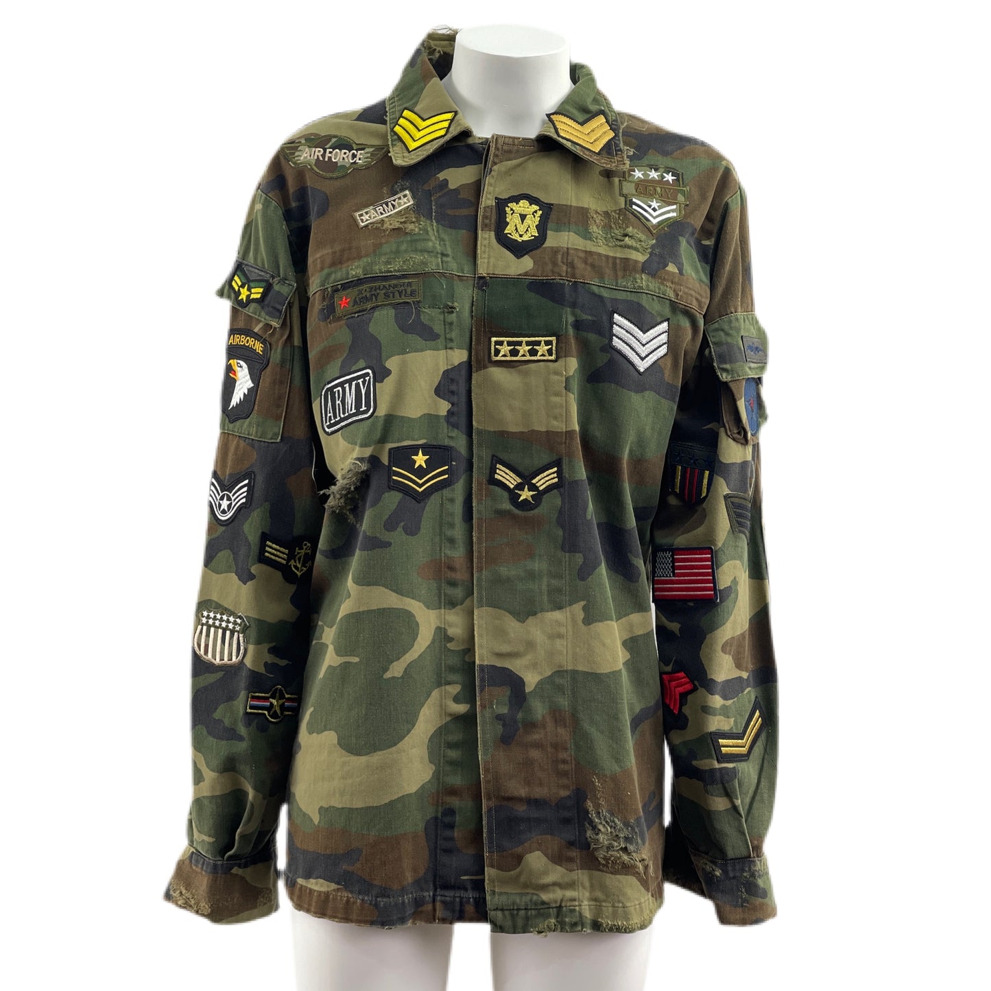 Camicia Militare Camouflage con patch militari,patch drago retro TG. L