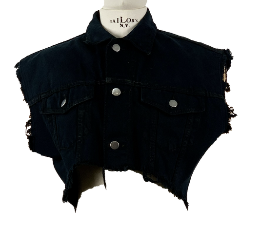 Kurz geschnittene ärmellose Jeansjacke aus schwarzem Denim TG. St